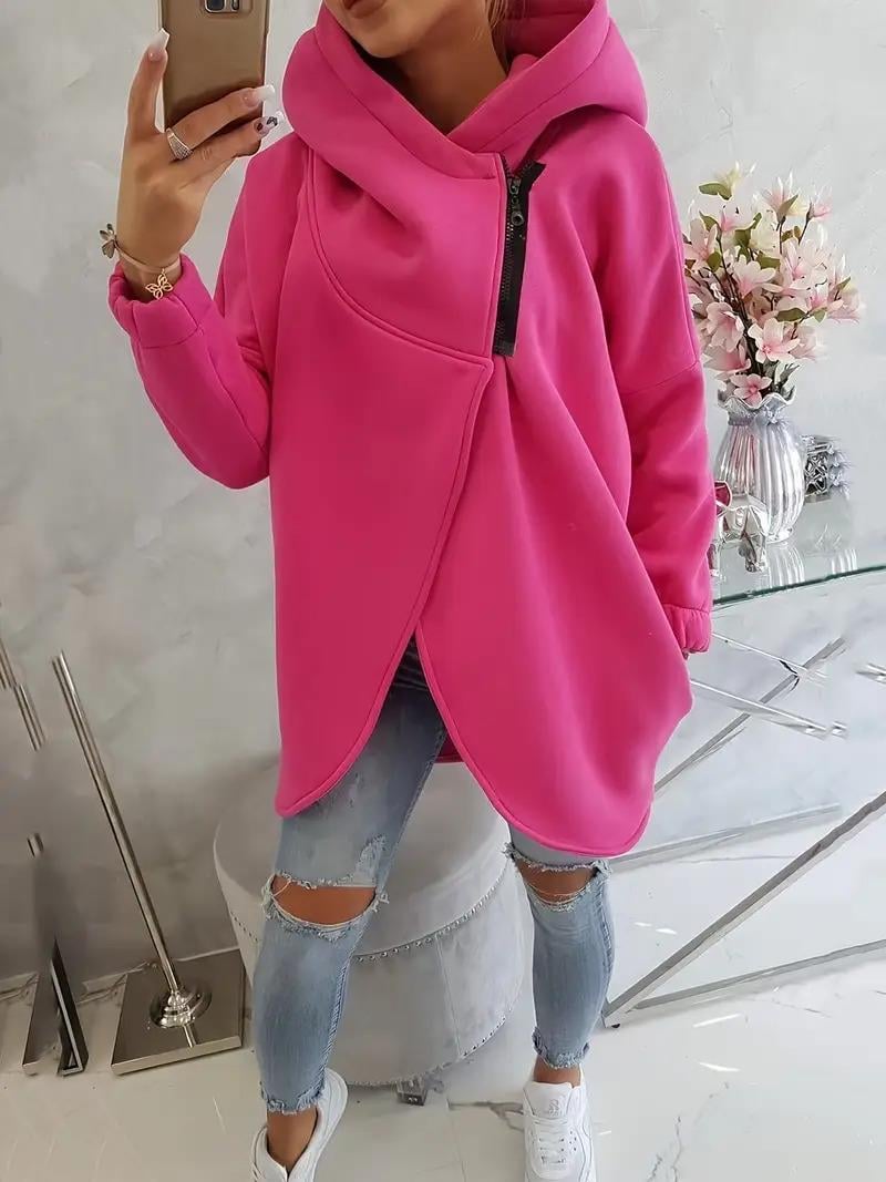 Pembe Kadın 3 İplik Şardonlu Kapüşonlu Ceket – Asimetrik Fermuarlı Oversize 
