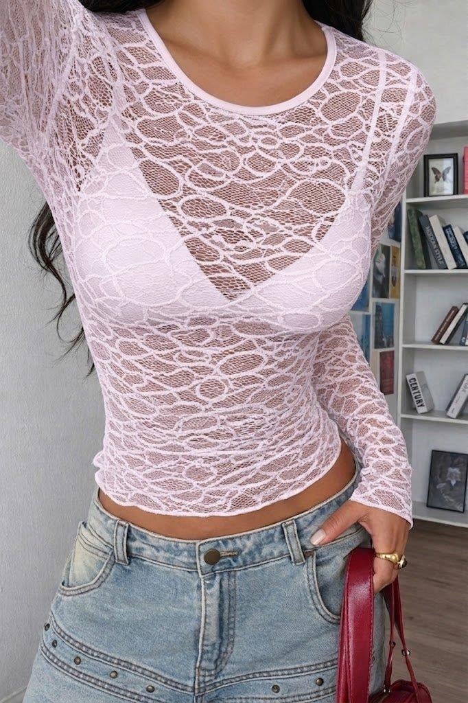 Pembe Kadın Transparan Dantel Bluz Uzun Kollu Fit Tül Üst –  Şık ve Trend