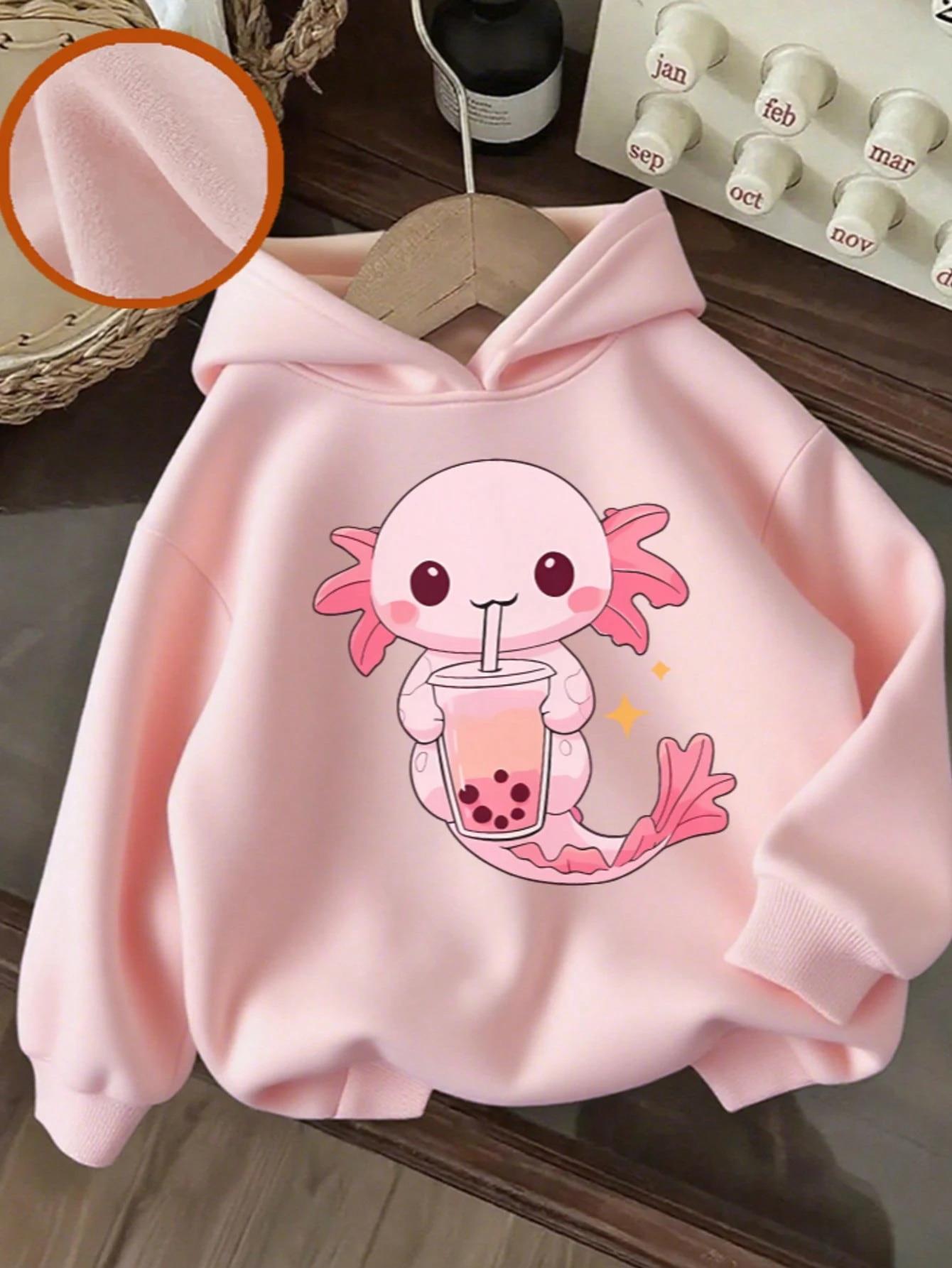 Pembe Sevimli Aksolotl ve Bubble Tea Baskılı Kız Çocuk  Sweatshirt Rahat Kalıp