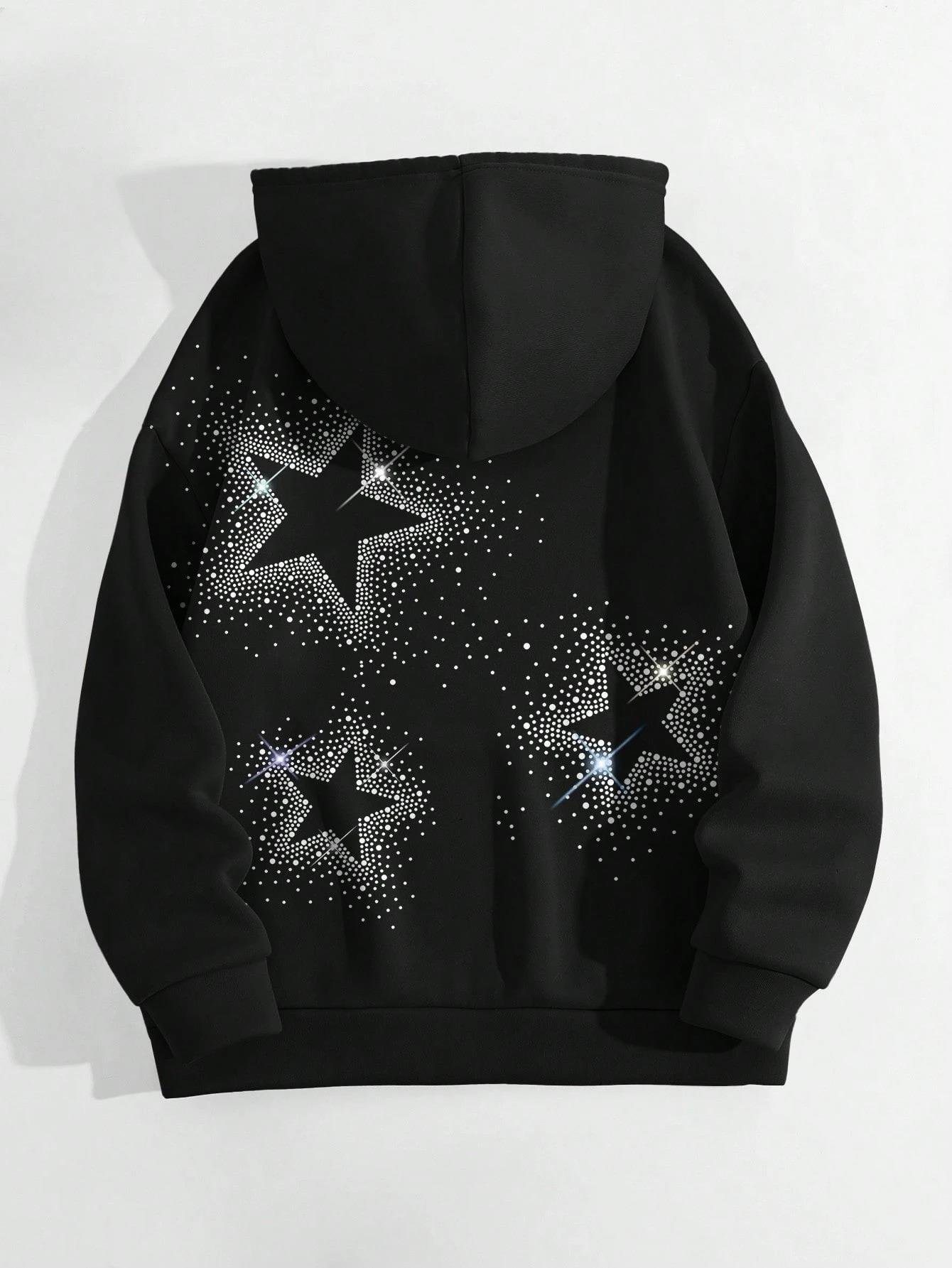 Premium Kalite | Şardonlu İçi Yumuşak %100 Pamuk Kapüşonlu | Taş Dizimli Unisex Siyah Oversize Hoodie Sweatshirt