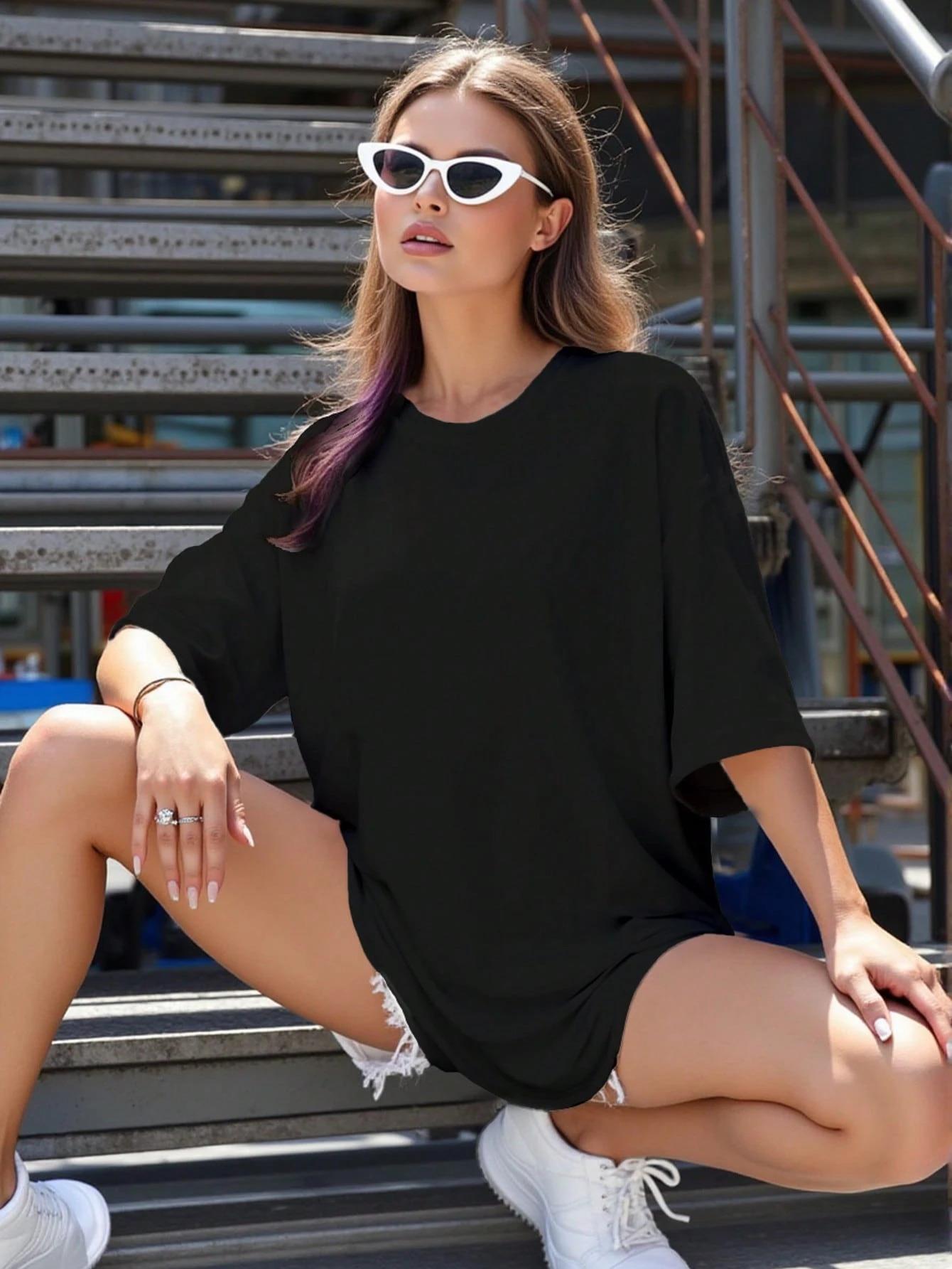 Premium Kalite Siyah Geniş Kesim Oversize T-Shirt - Düşük Omuzlu Pamuklu Bol Tişört 