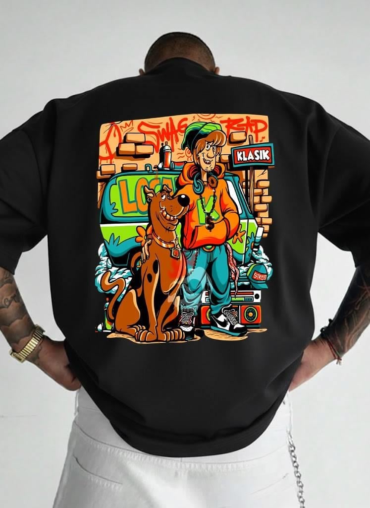 Scooby-Doo & Shaggy Graffiti Baskılı Oversize T-shirt - %100 Pamuk Süprem - Siyah Streetwear Tişört