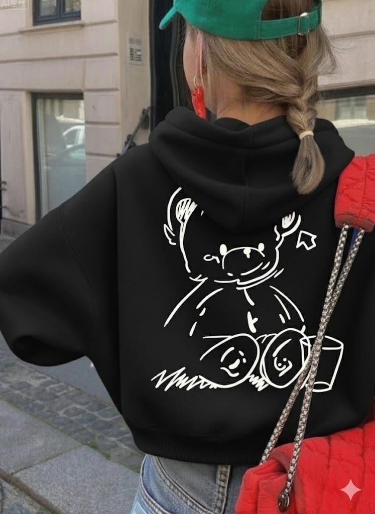Sevimli Ayıcık Figürlü Rahat Kalıp Çocuk Siyah Sweatshirt