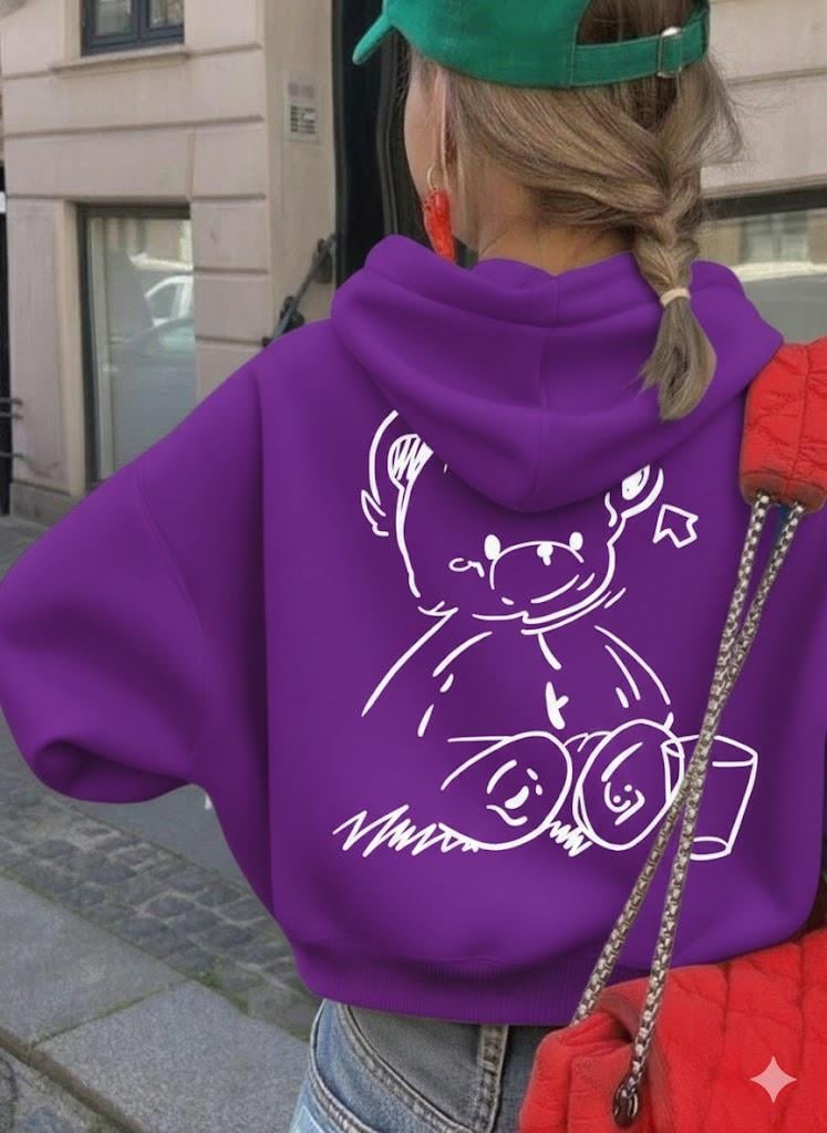 Sevimli Ayıcık Figürlü Rahat Kalıp Çocuk Mor Sweatshirt