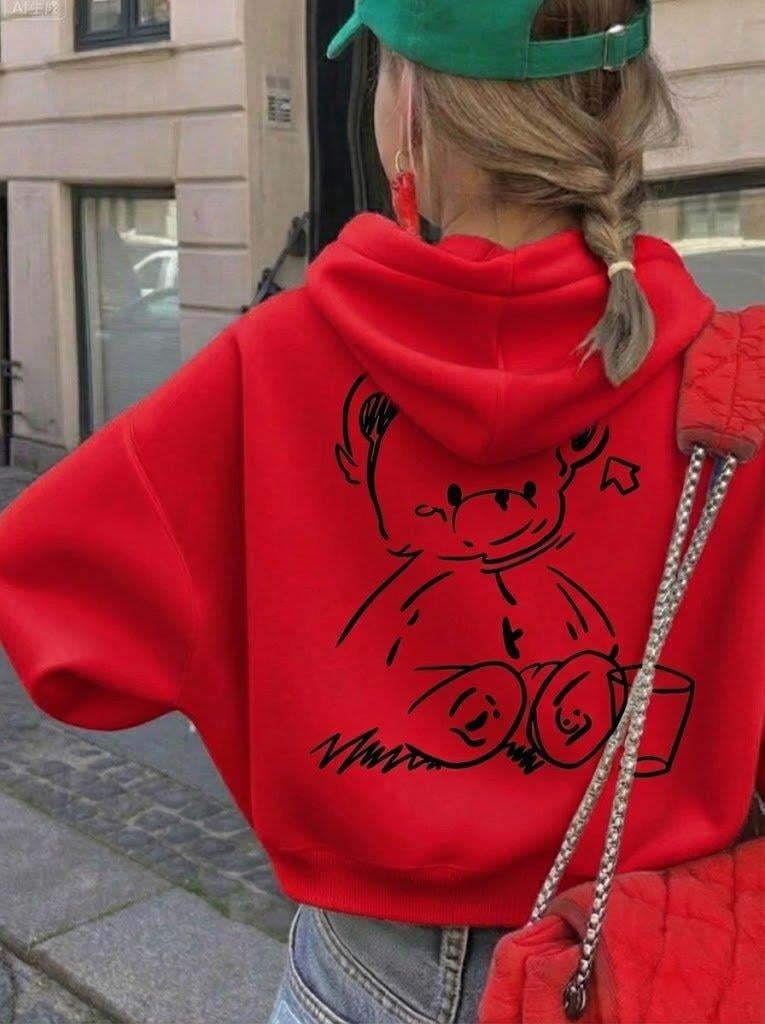 Sevimli Ayıcık Figürlü Rahat Kalıp Çocuk Kırmızı Sweatshirt
