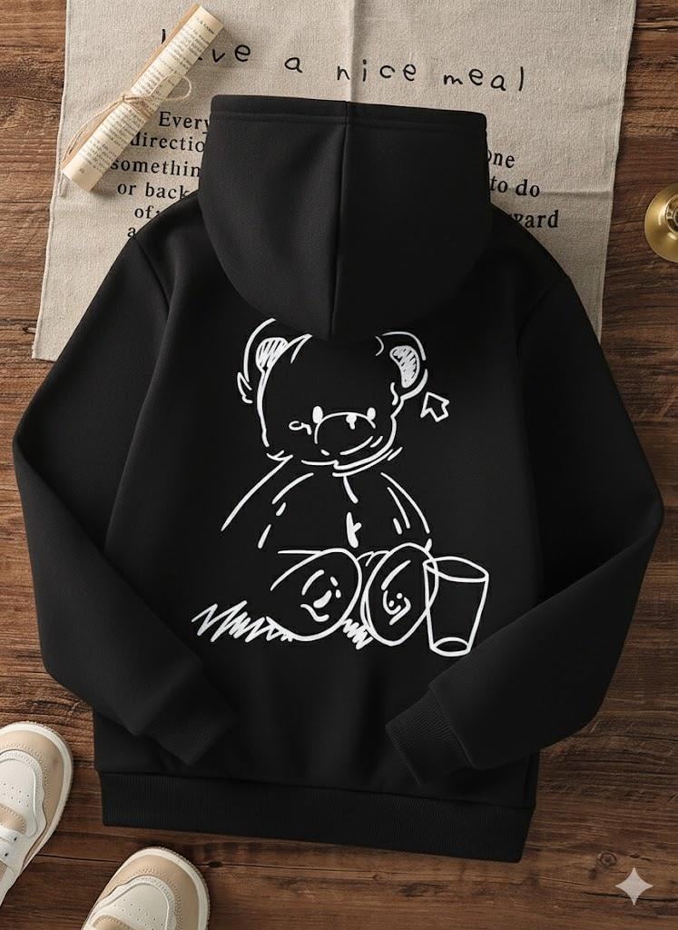 Sevimli Ayıcık Figürlü Rahat Kalıp Çocuk Siyah Sweatshirt