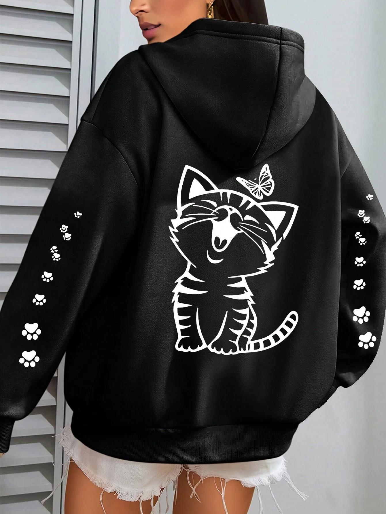 Sevimli Gülen Kedi ve Pati Baskılı Siyah Kapüşonlu Sweatshirt