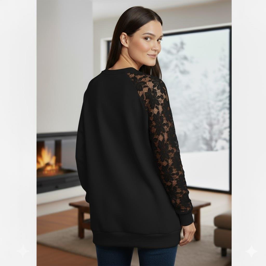 Siyah Dantel Detaylı Sweatshirt – Şık ve Rahat Günlük Kadın Üst – Yumuşak Kumaş