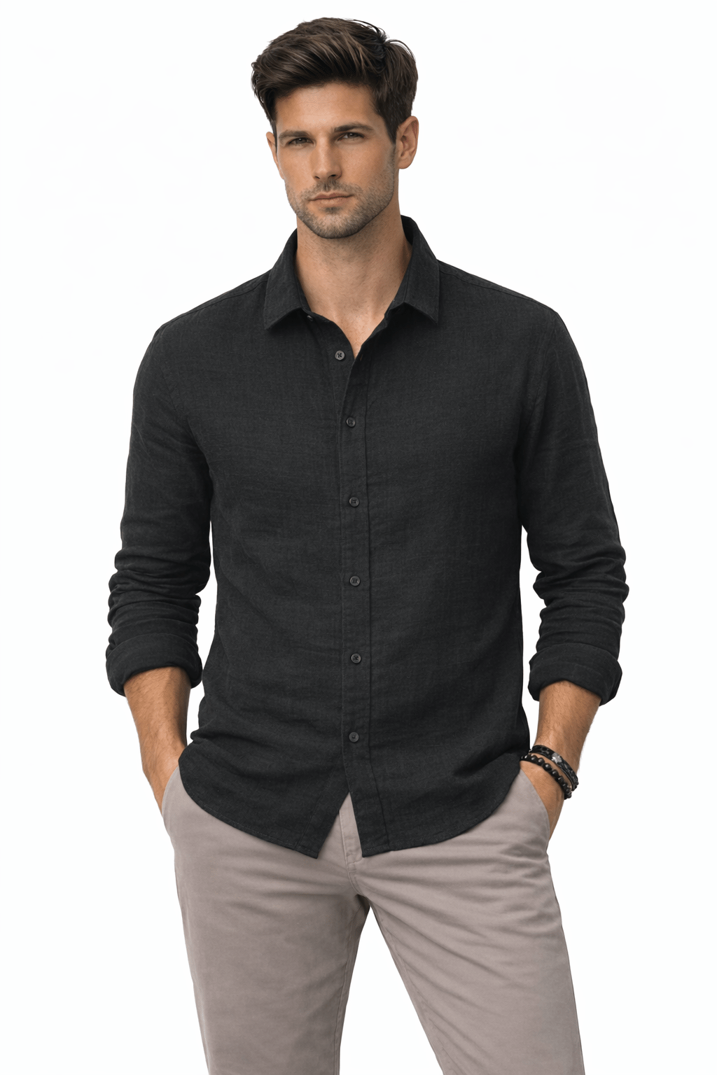 Siyah Erkek Yarım Oversize Keten Gömlek – Rahat Kesim, Yazlık Nefes Alan Kumaş
