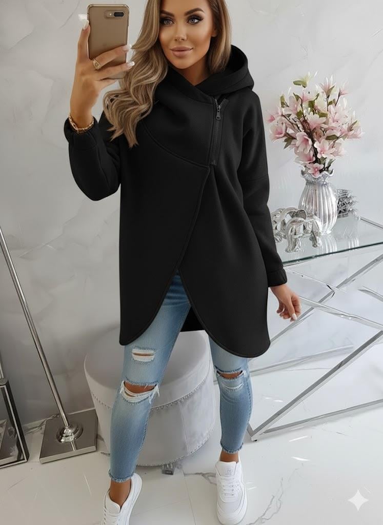 Siyah Kadın Asimetrik Fermuarlı Oversize Kapüşonlu Sweatshirt – Kalın Kumaş – Rahat Günlük Tarz