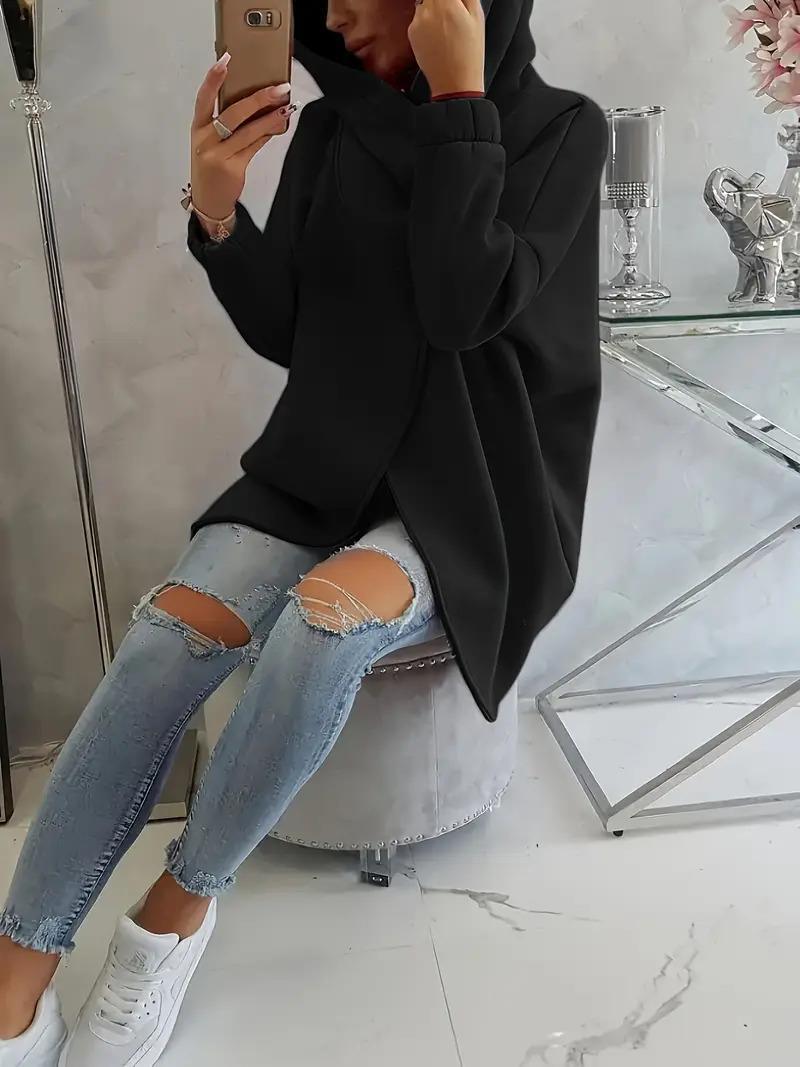 Siyah Kadın Asimetrik Fermuarlı Oversize Kapüşonlu Sweatshirt – Kalın Kumaş – Rahat Günlük Tarz