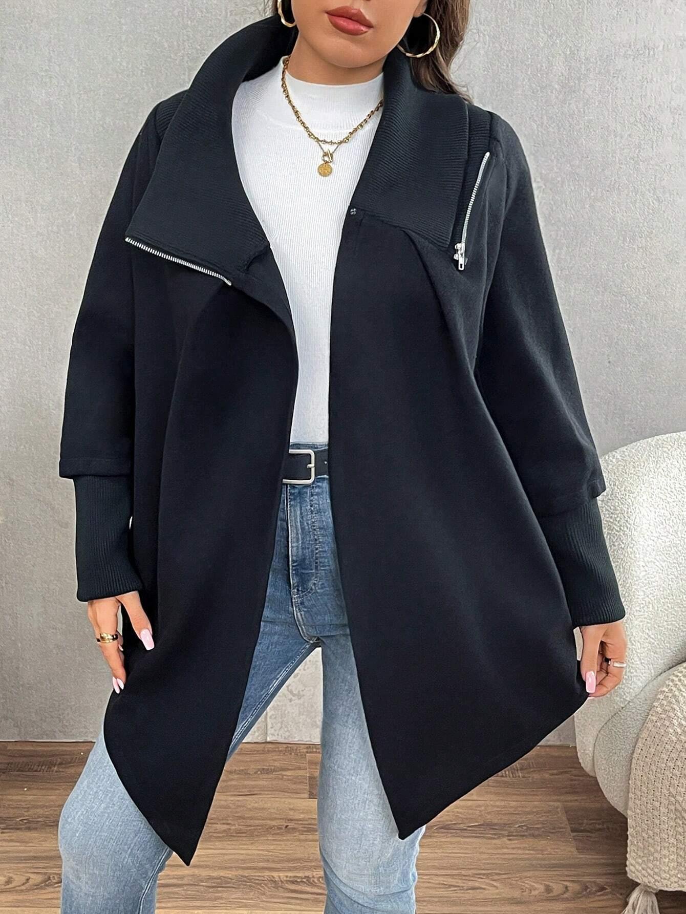 Siyah Kadın Asimetrik Kesim 3 İplik Şardonlu Sweat Ceket – Fermuarlı Yaka, Cepli, Oversize