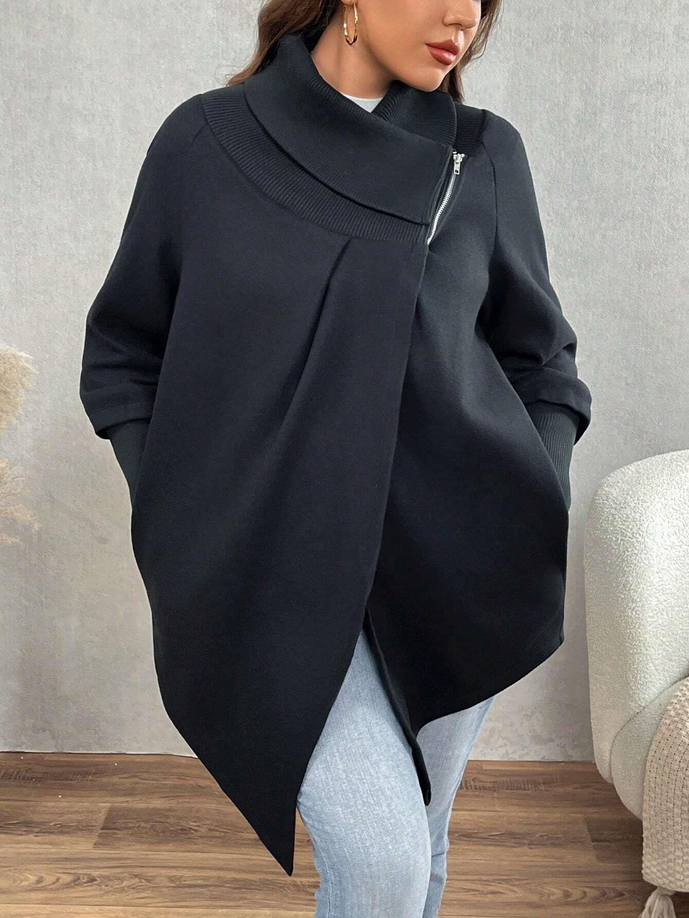 Siyah Kadın Asimetrik Kesim 3 İplik Şardonlu Sweat Ceket – Fermuarlı Yaka, Cepli, Oversize