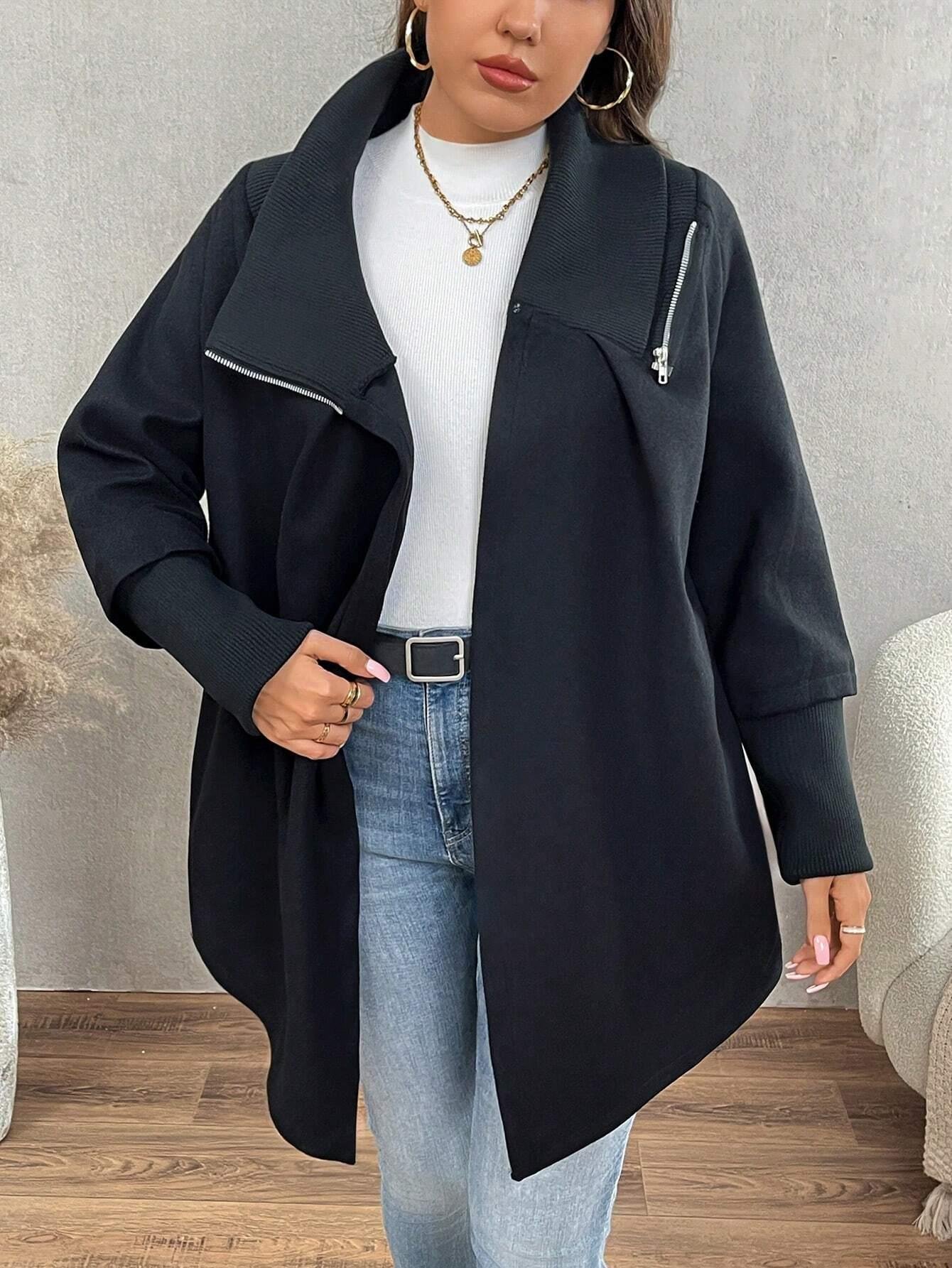 Siyah Kadın Asimetrik Kesim 3 İplik Şardonlu Sweat Ceket – Fermuarlı Yaka, Cepli, Oversize