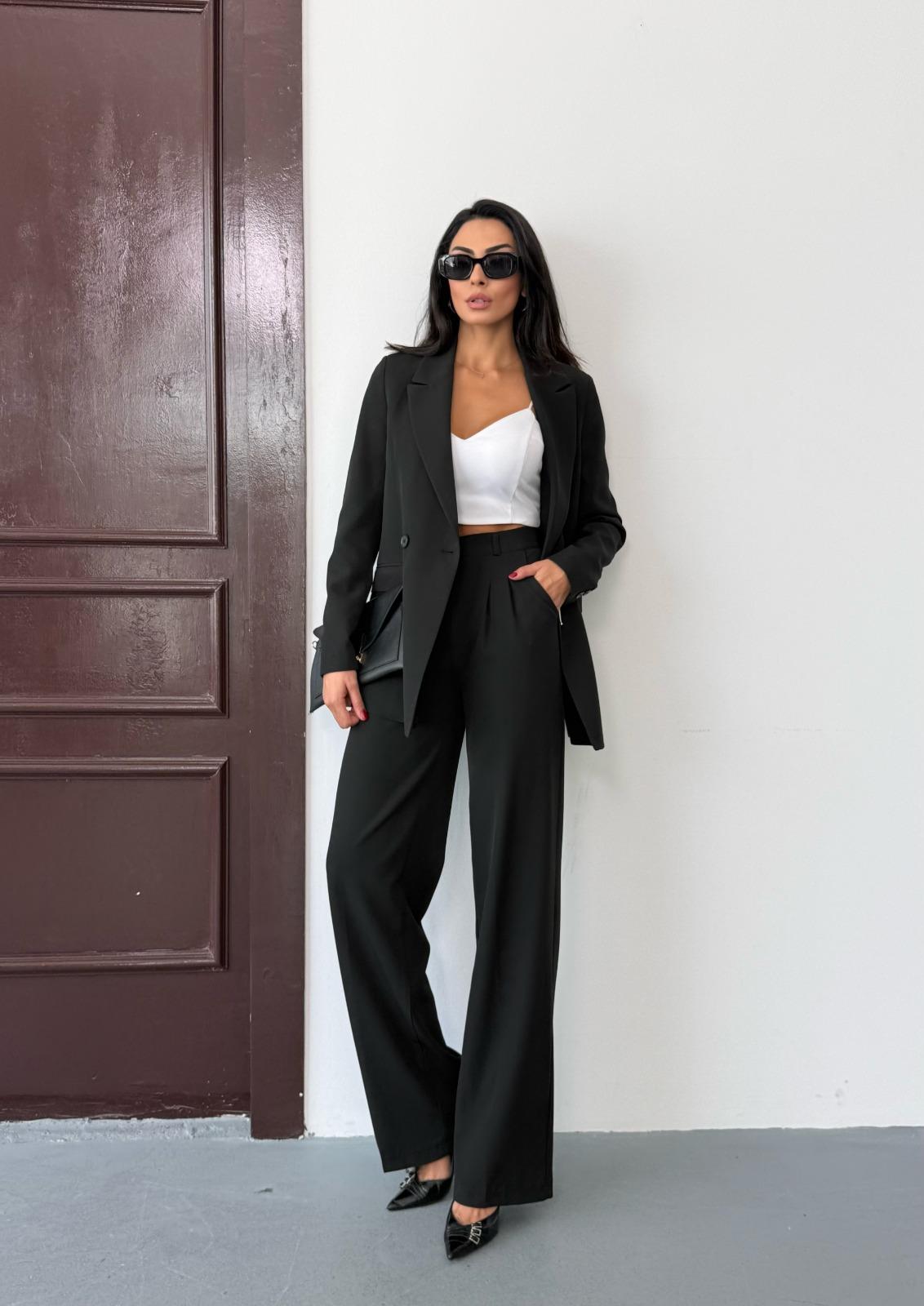 Siyah Kadın Polly Viscon Takım – 1. Sınıf Kumaş Blazer Ceket & Palazzo Pantolon İkili Takım