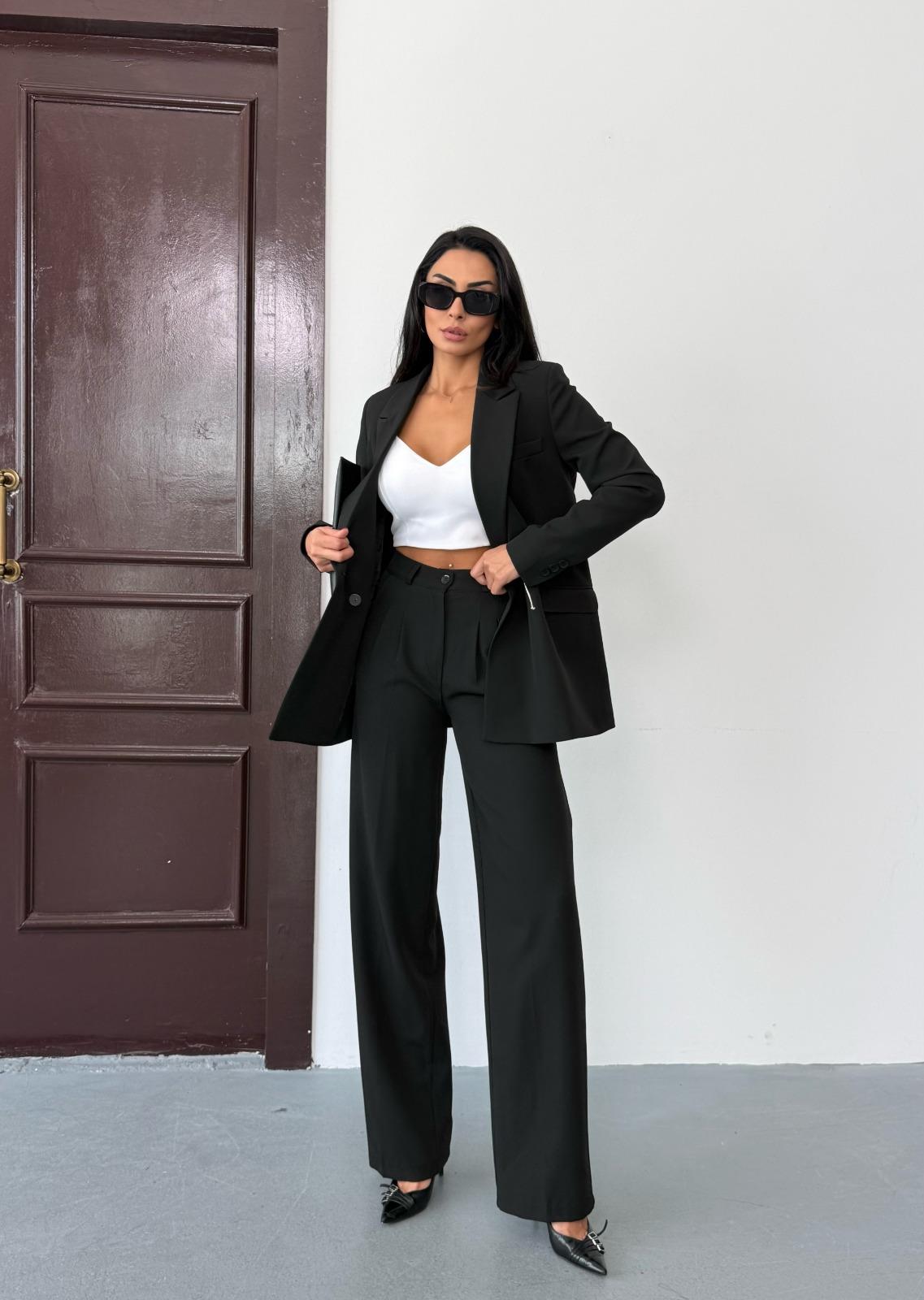 Siyah Kadın Polly Viscon Takım – 1. Sınıf Kumaş Blazer Ceket & Palazzo Pantolon İkili Takım