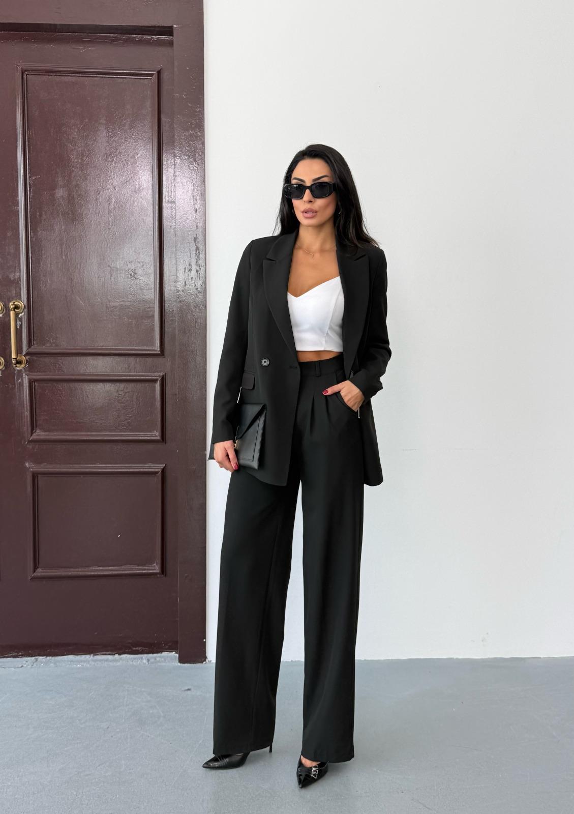 Siyah Kadın Polly Viscon Takım – 1. Sınıf Kumaş Blazer Ceket & Palazzo Pantolon İkili Takım