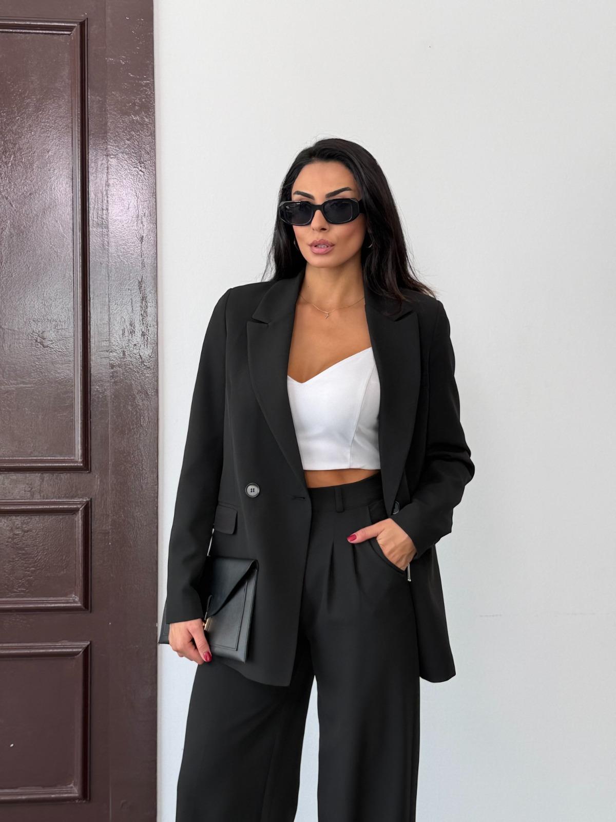 Siyah Kadın Polly Viscon Takım – 1. Sınıf Kumaş Blazer Ceket & Palazzo Pantolon İkili Takım