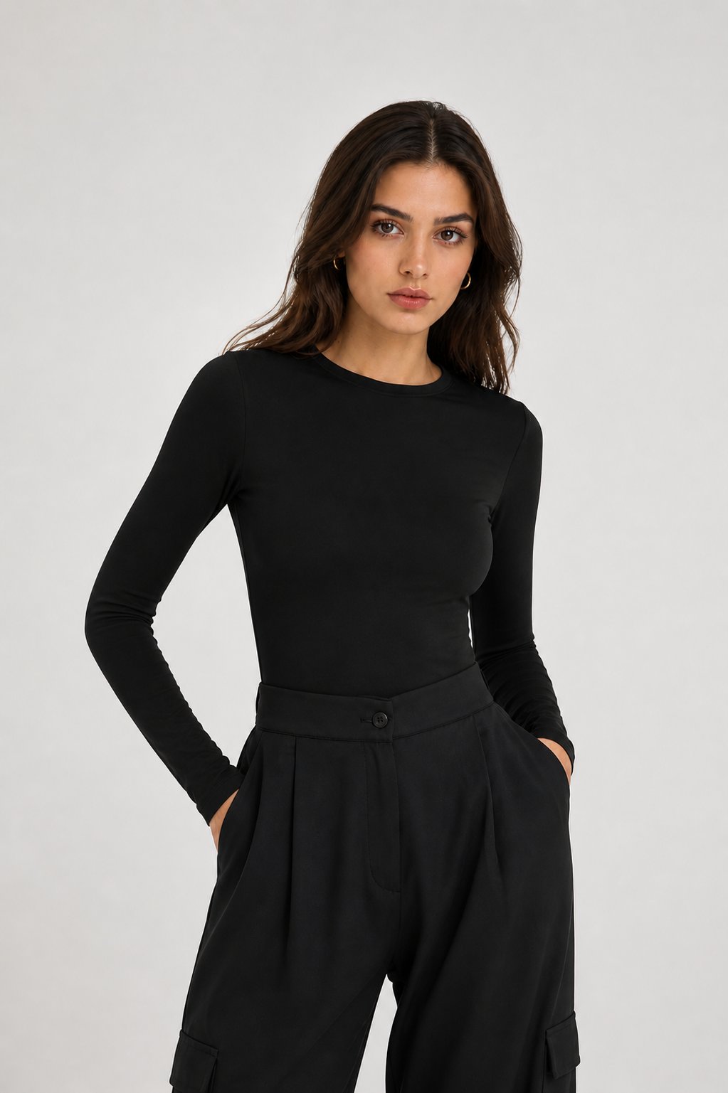 Siyah Kadın Uzun Kollu Likralı Basic Body – Esnek Polyamid Elastan Kumaş, Slim Fit, Günlük Şık Üst