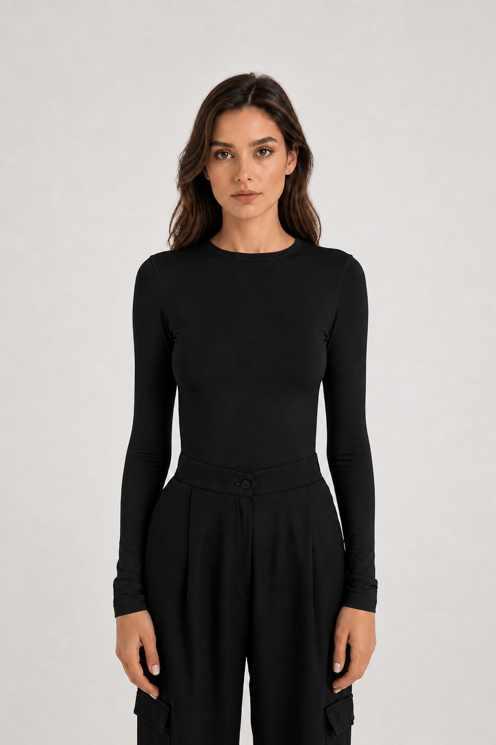 Siyah Kadın Uzun Kollu Likralı Basic Body – Esnek Polyamid Elastan Kumaş, Slim Fit, Günlük Şık Üst