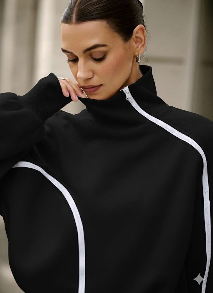 Siyah Kadın Yüksek Yaka Komple Fermuarlı Sweatshirt – Spor ve Günlük Şık Oversize Model