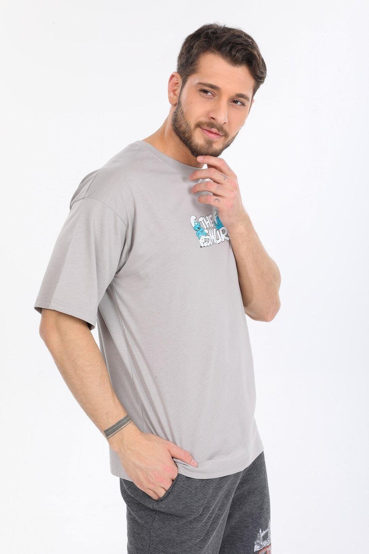 Smurfs Yazılı Gri T-shirt