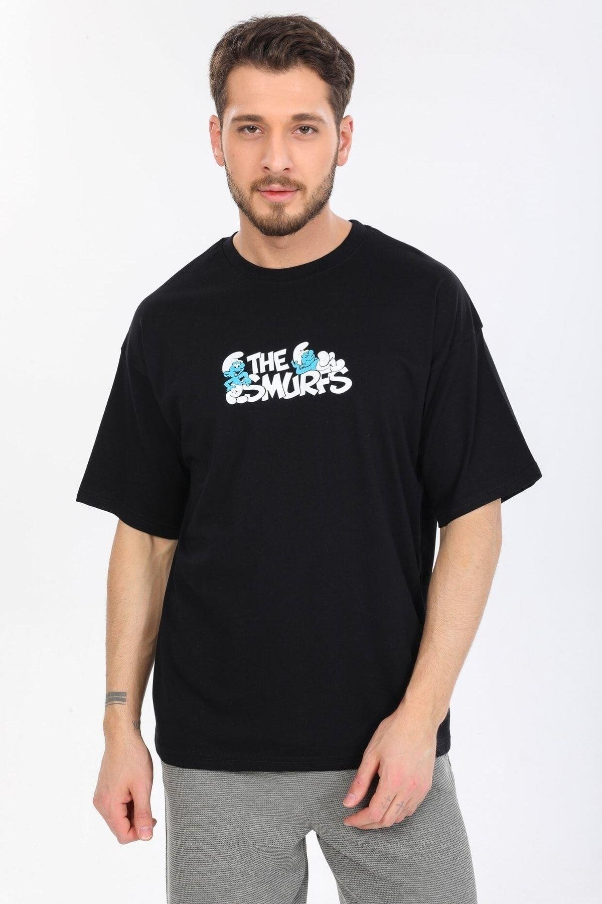 Smurfs Yazılı Siyah T-shirt