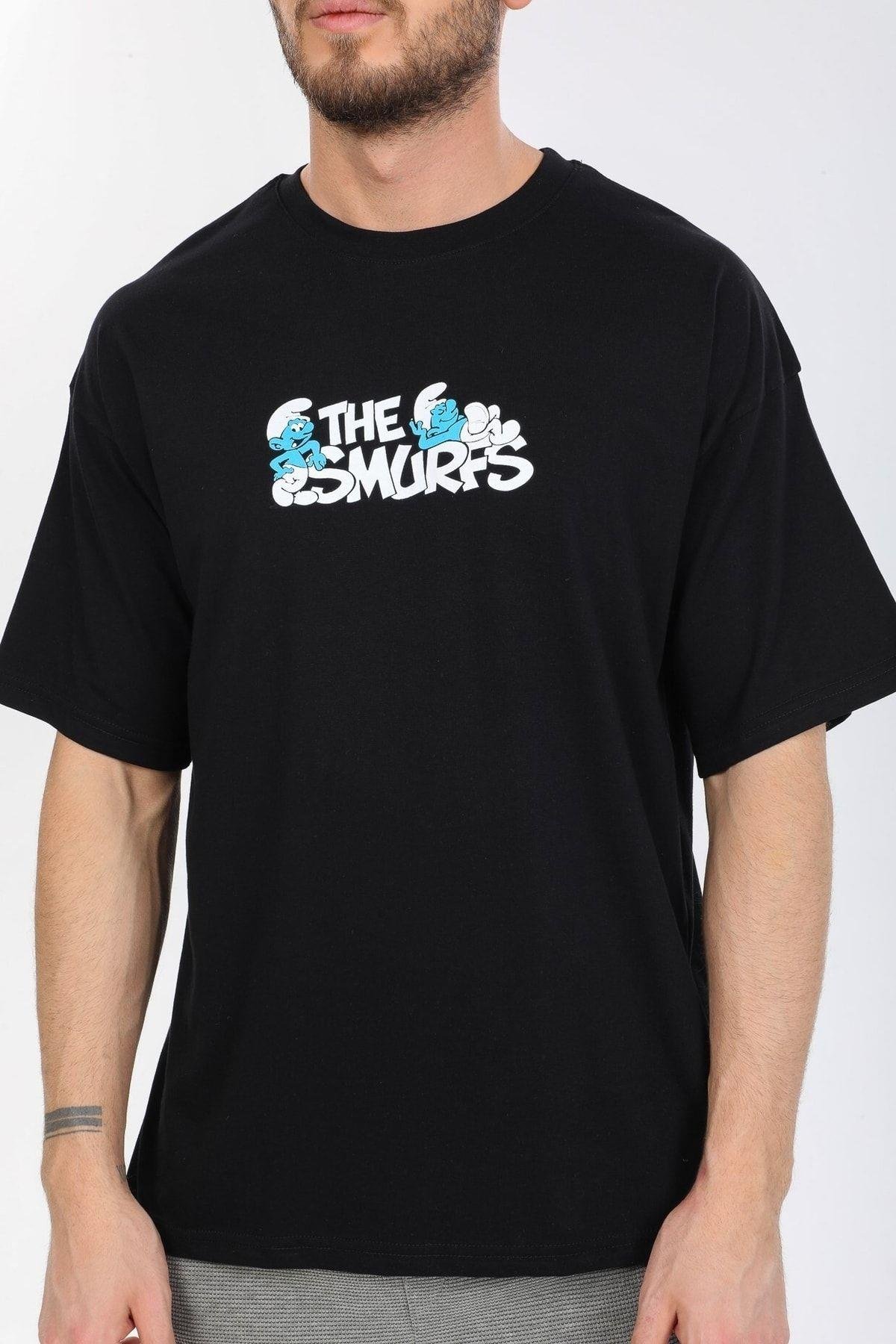 Smurfs Yazılı Siyah T-shirt