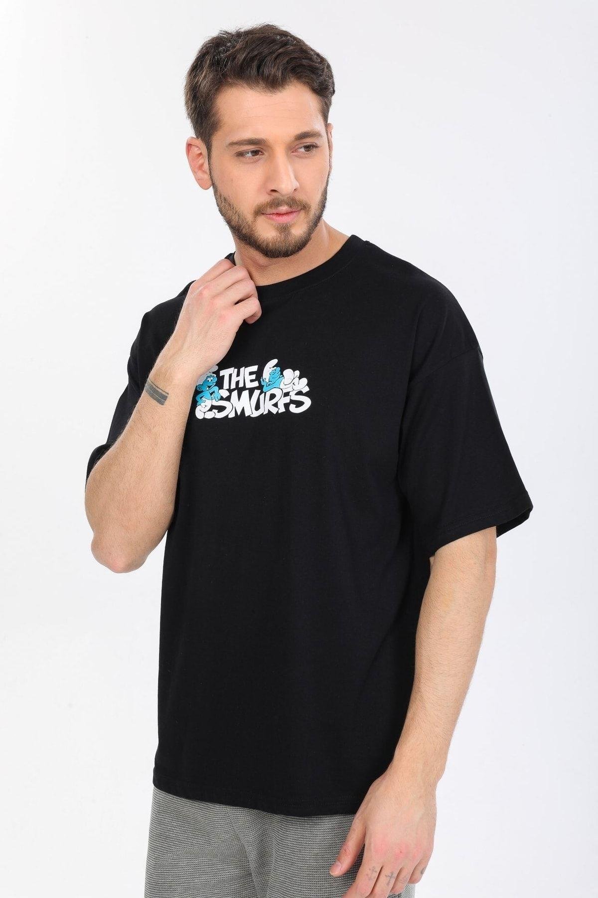 Smurfs Yazılı Siyah T-shirt