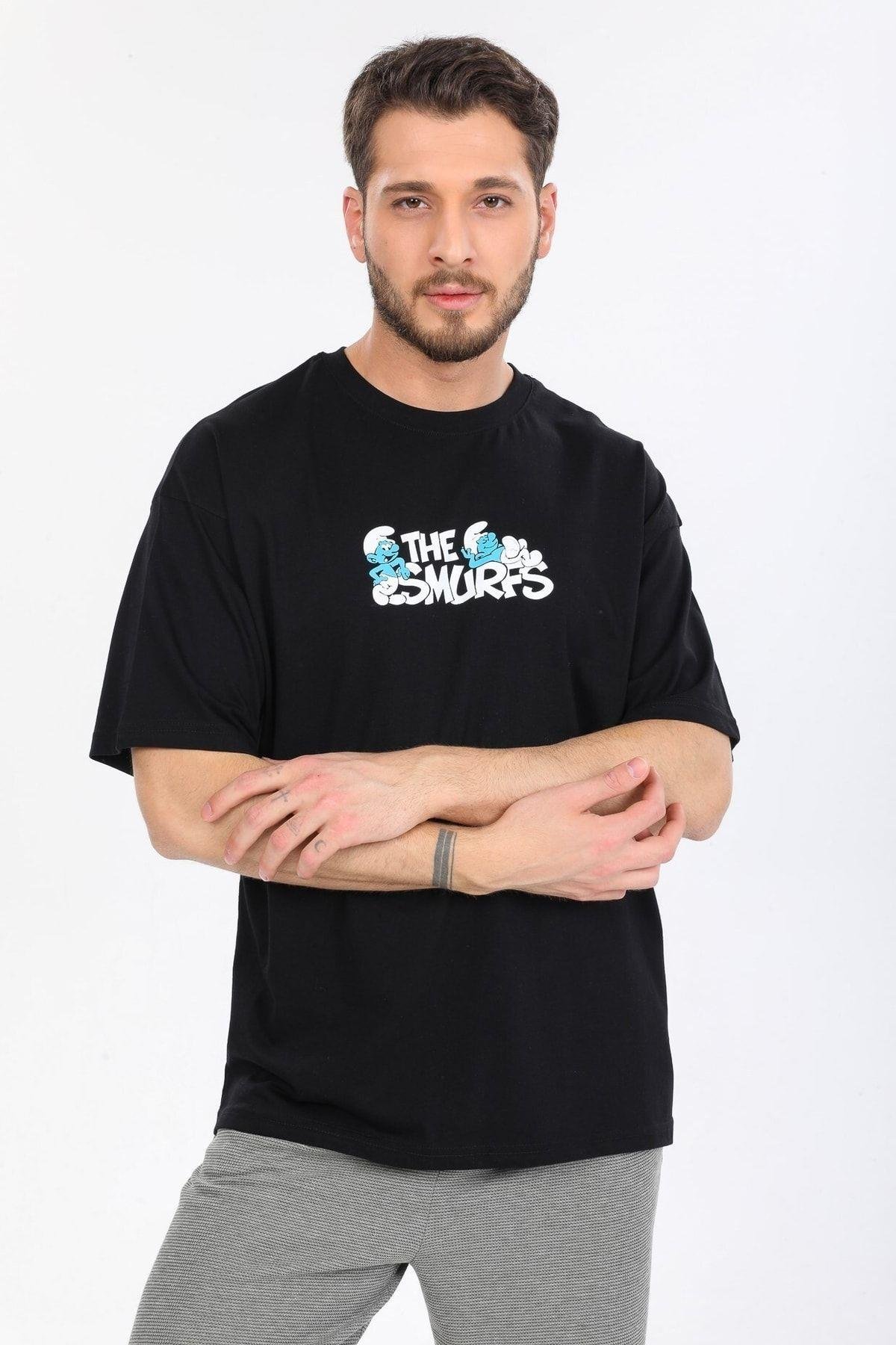 Smurfs Yazılı Siyah T-shirt
