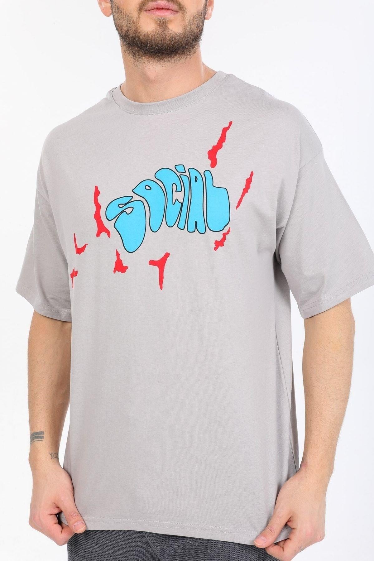 Social Yazılı Gri T-shirt