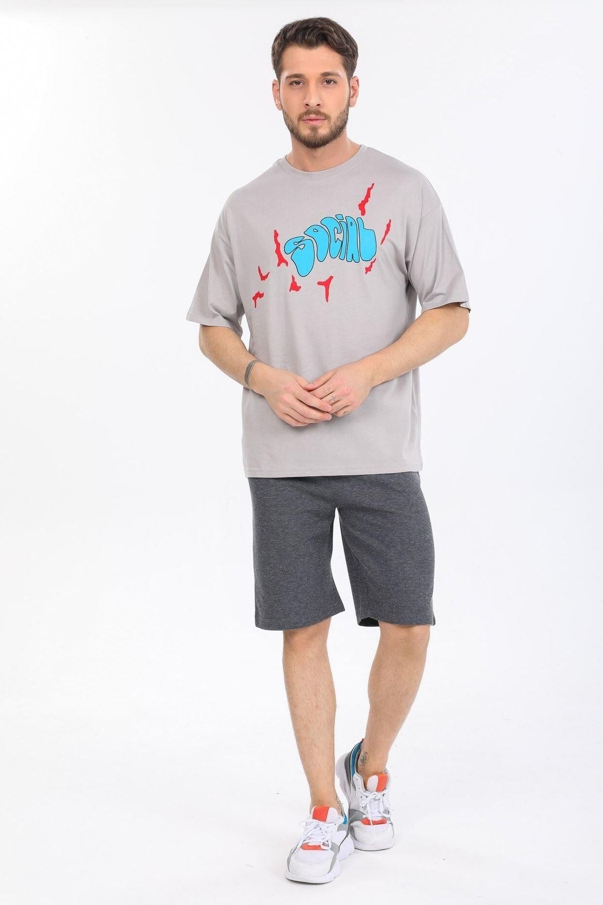 Social Yazılı Gri T-shirt