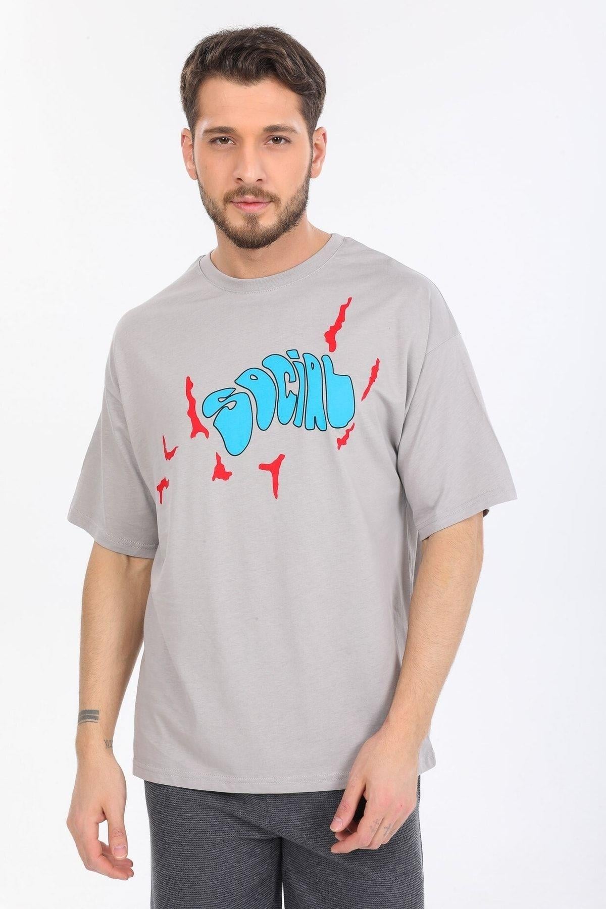 Social Yazılı Gri T-shirt