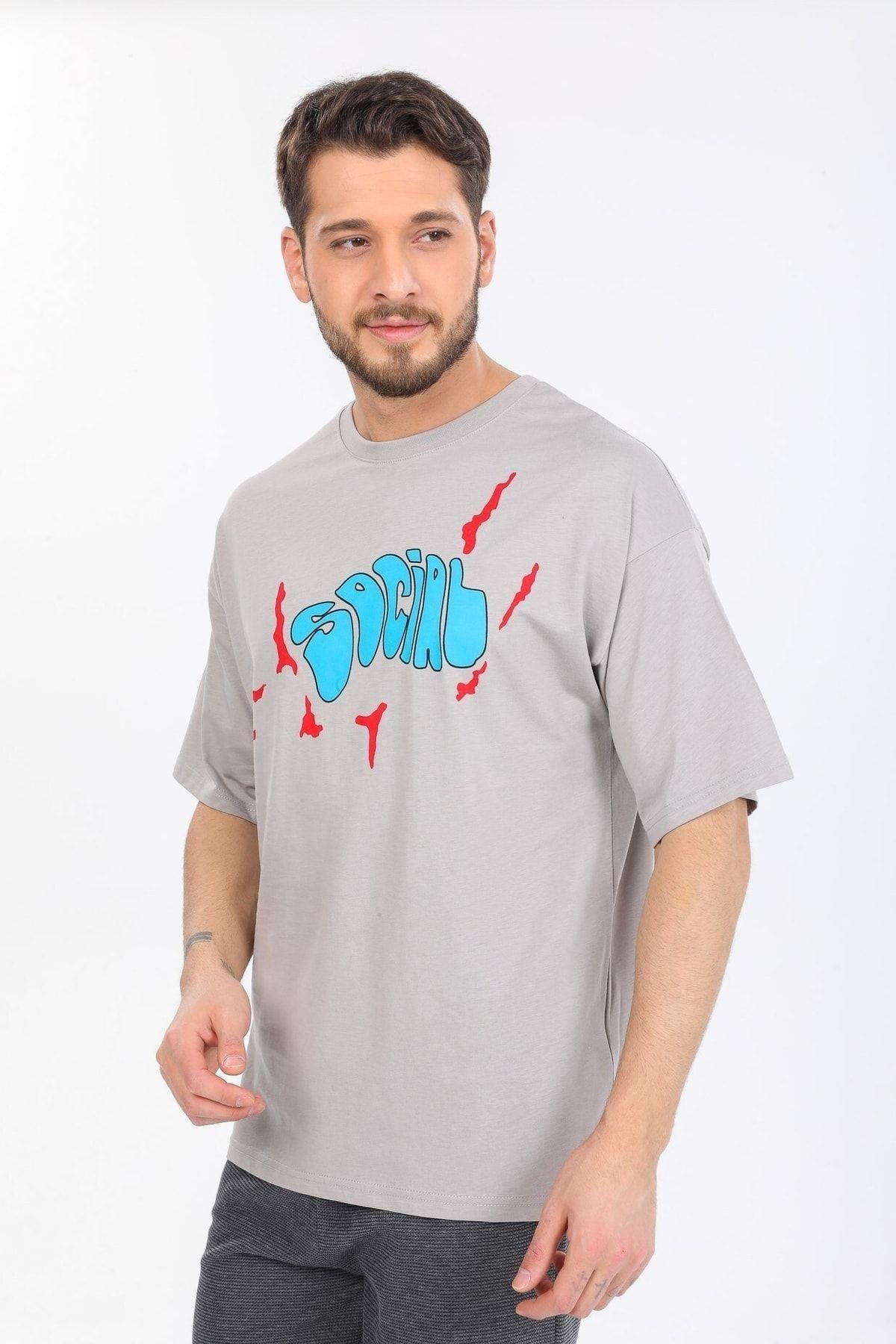 Social Yazılı Gri T-shirt