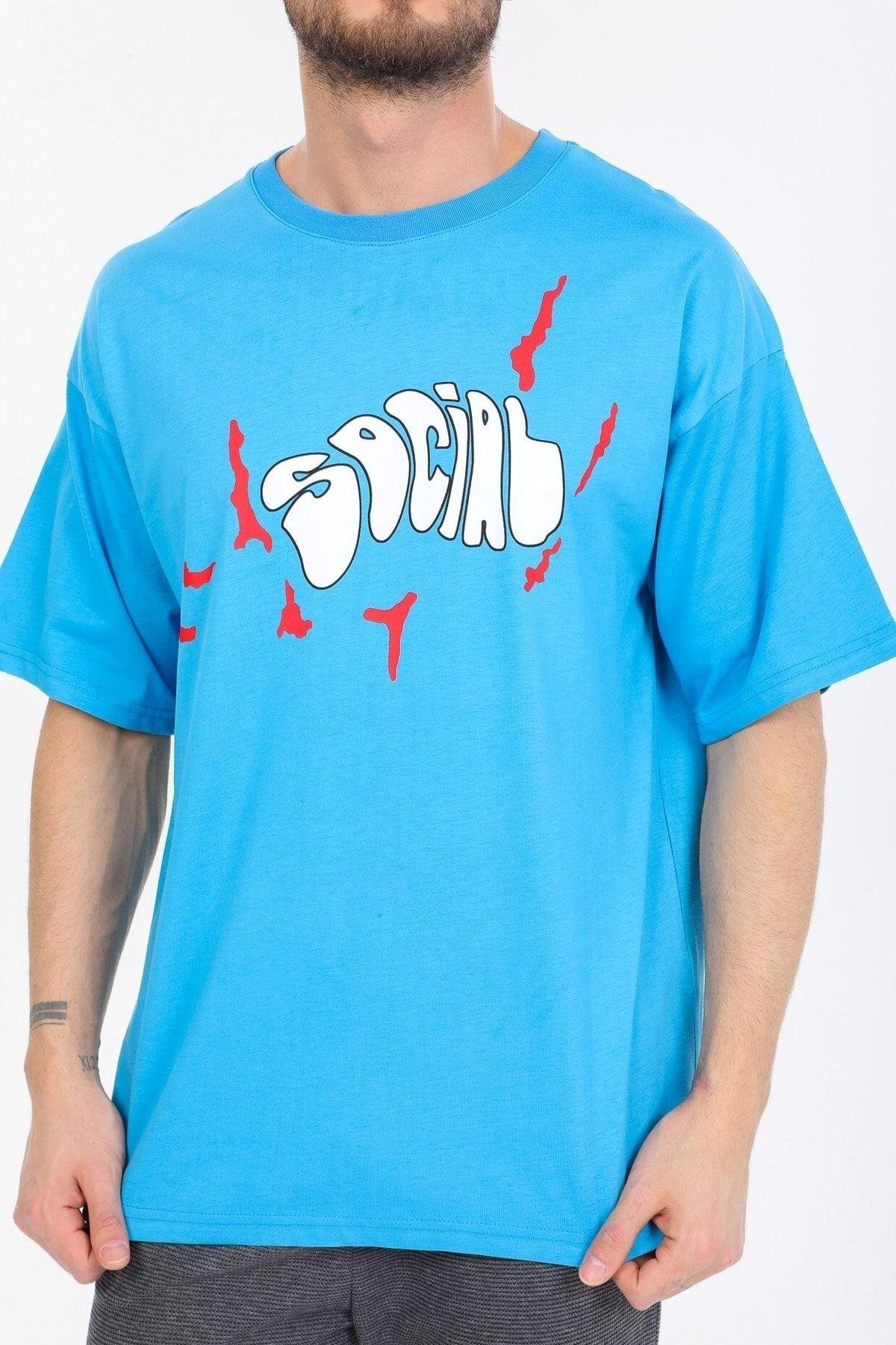 Social Yazılı Mavi T-shirt