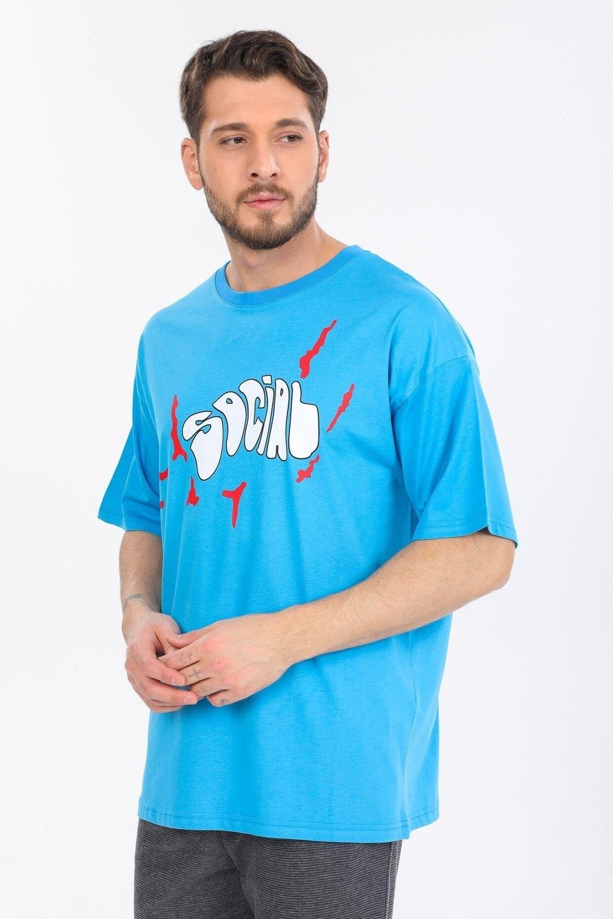 Social Yazılı Mavi T-shirt