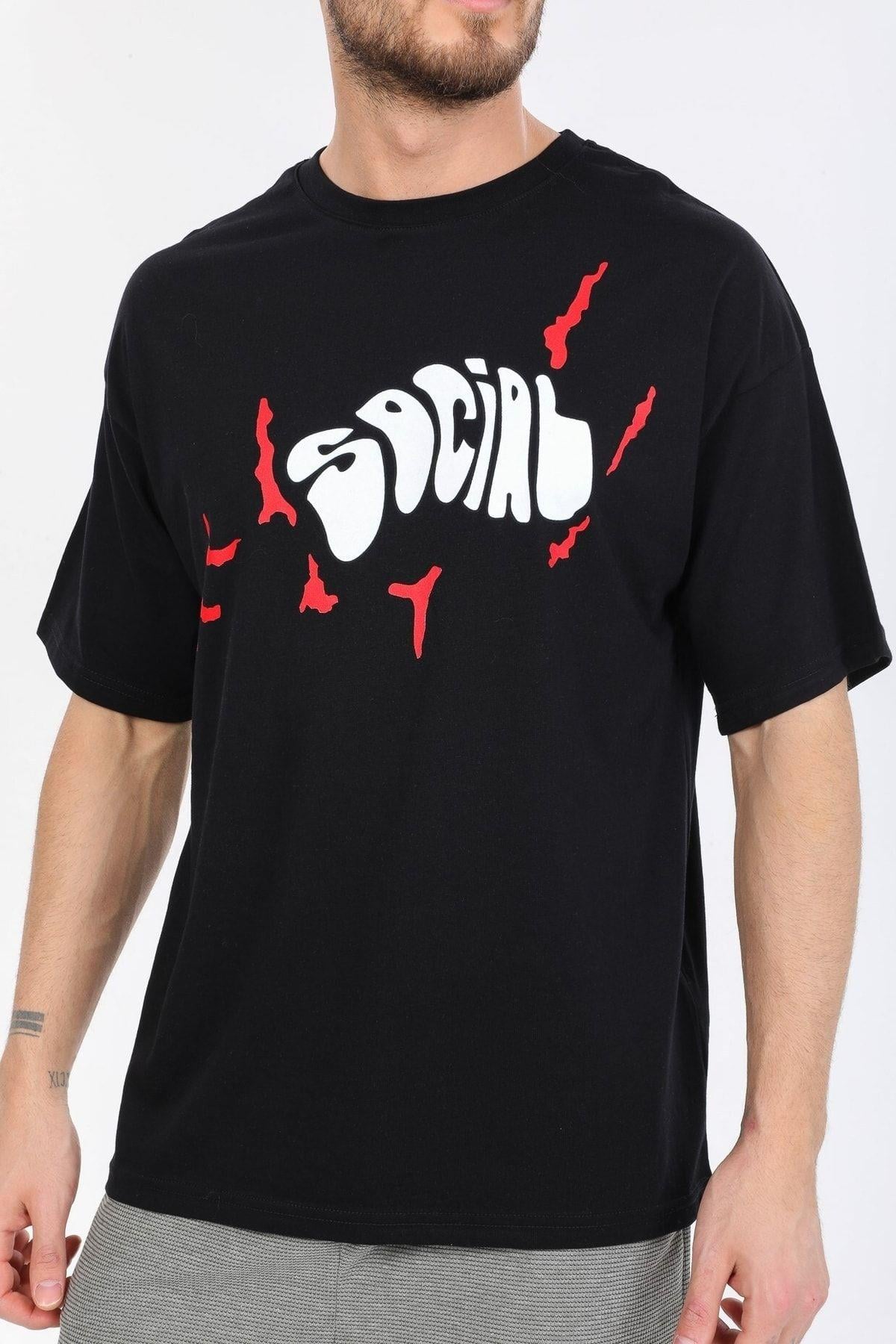 Social Yazılı Siyah T-shirt