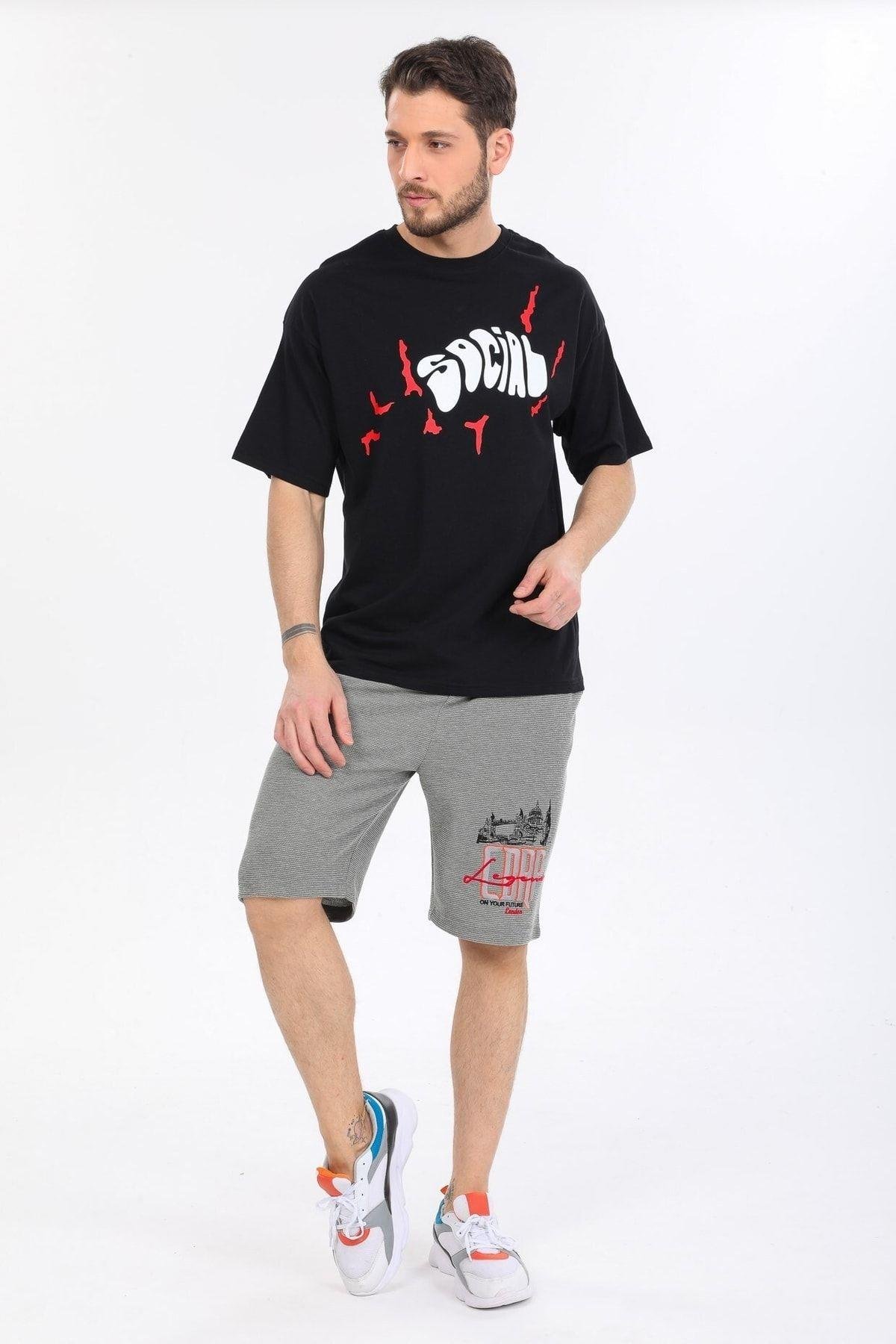 Social Yazılı Siyah T-shirt