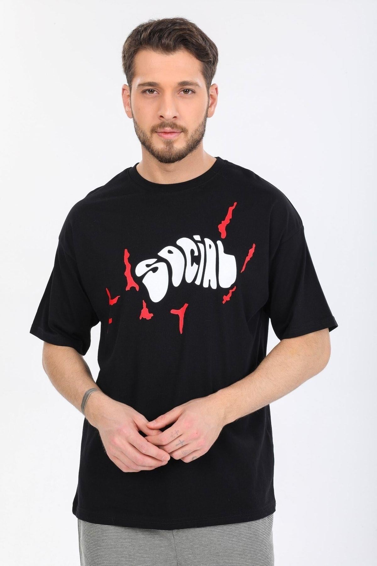 Social Yazılı Siyah T-shirt