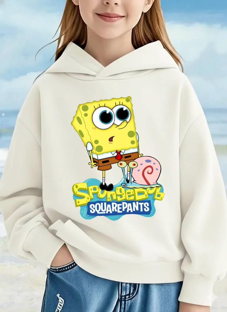 SpongeBob Kare Pantolon Baskılı Ekru Çocuk Kapüşonlu Sweatshirt | Unisex, Pamuklu, Uzun Kollu, Sünger Bob ve Gary
