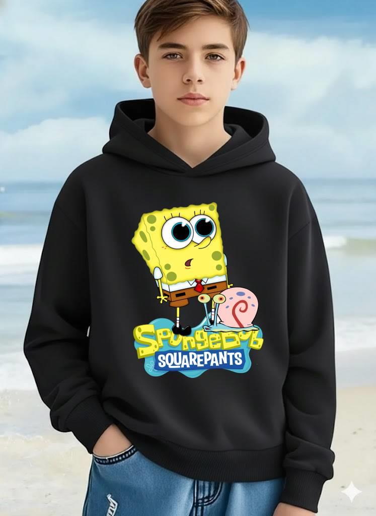 SpongeBob Kare Pantolon Baskılı Siyah Çocuk Kapüşonlu Sweatshirt | Unisex, Pamuklu, Uzun Kollu, Sünger Bob ve Gary