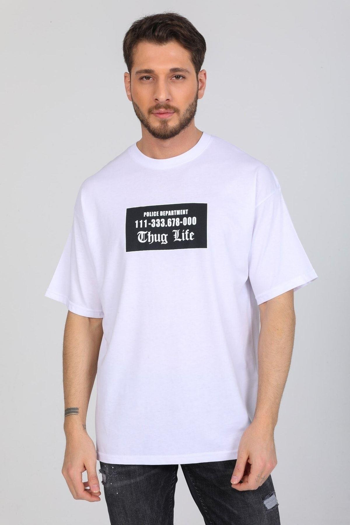 Thug Life Yazılı Beyaz T-shirt