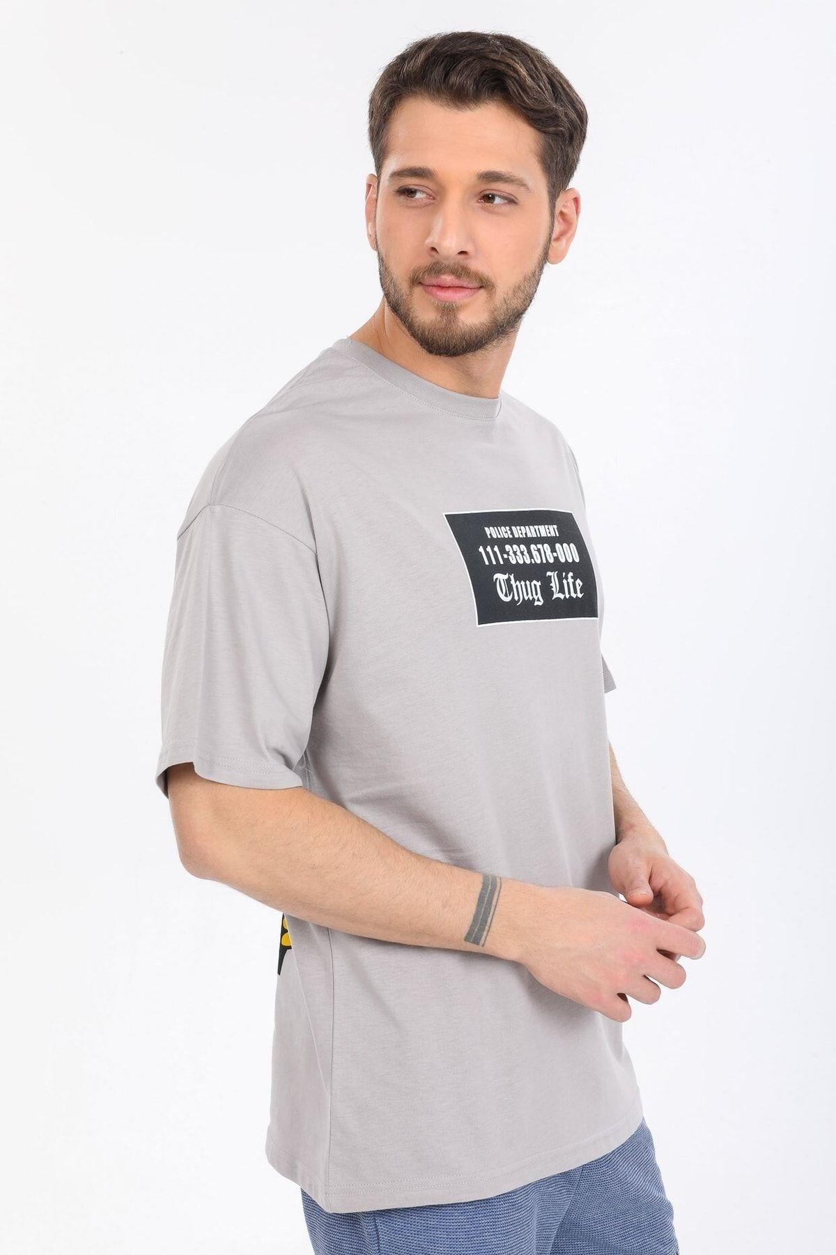 Thug Life Yazılı Gri T-shirt