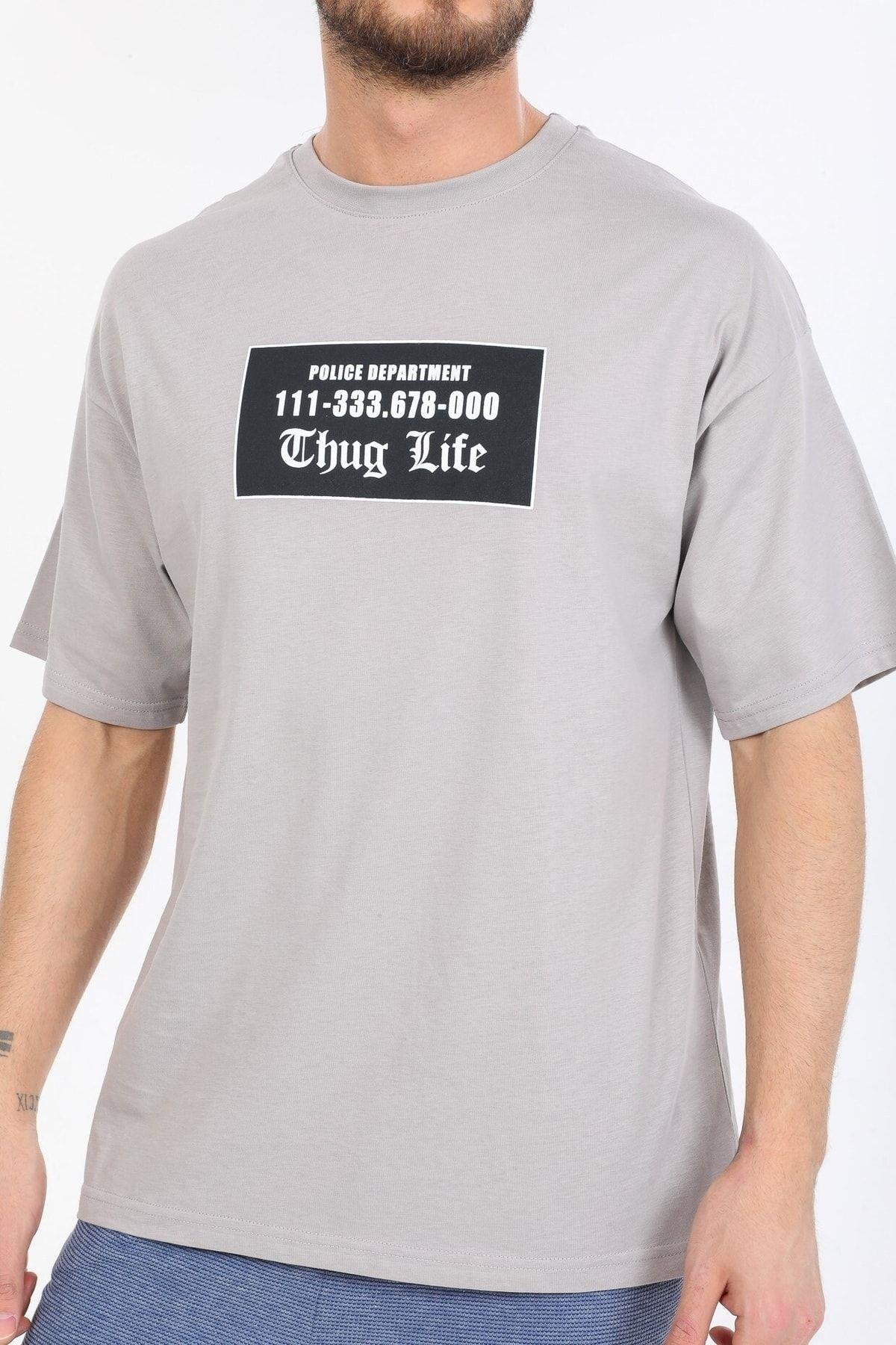 Thug Life Yazılı Gri T-shirt