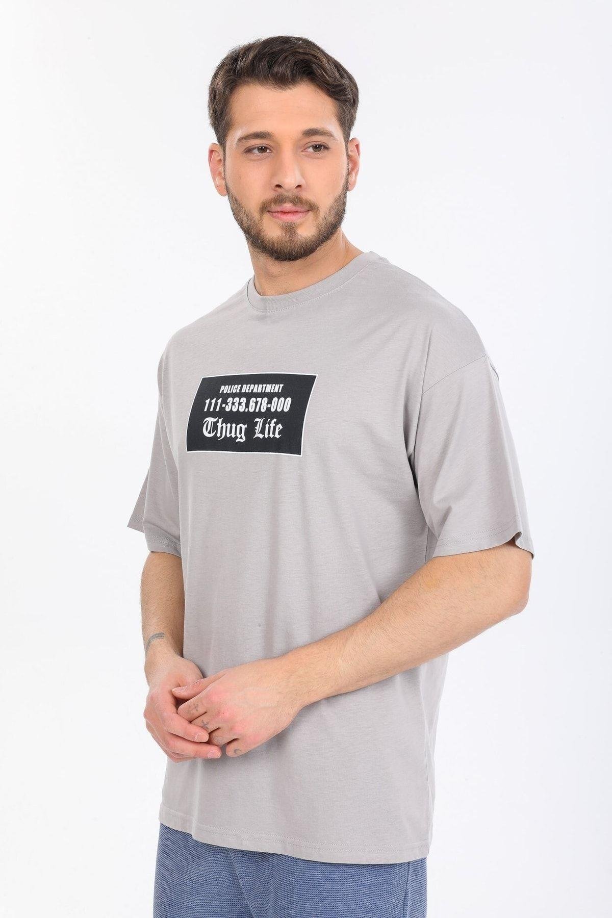 Thug Life Yazılı Gri T-shirt