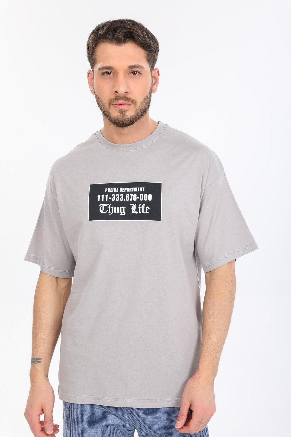 Thug Life Yazılı Gri T-shirt