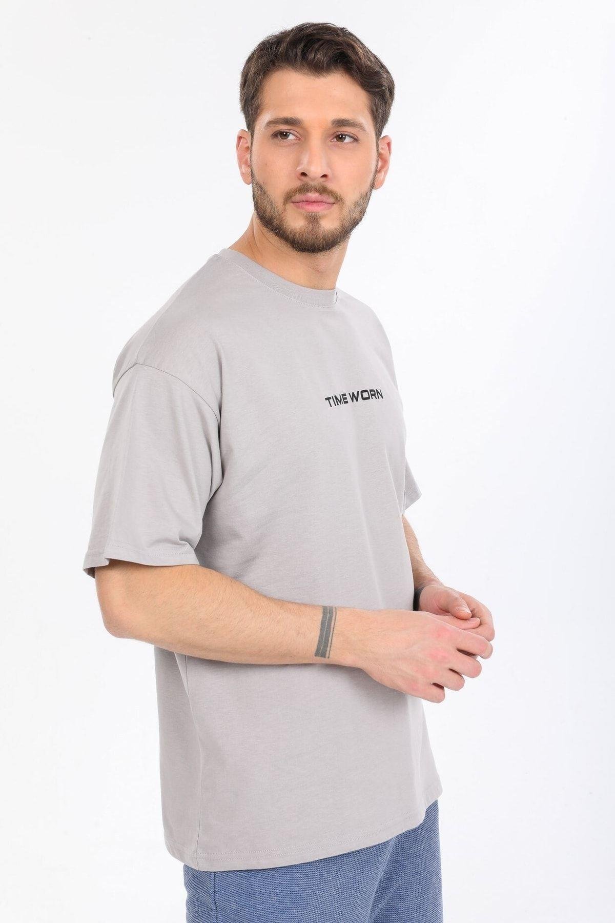 Time Worn Yazılı Gri T-shirt