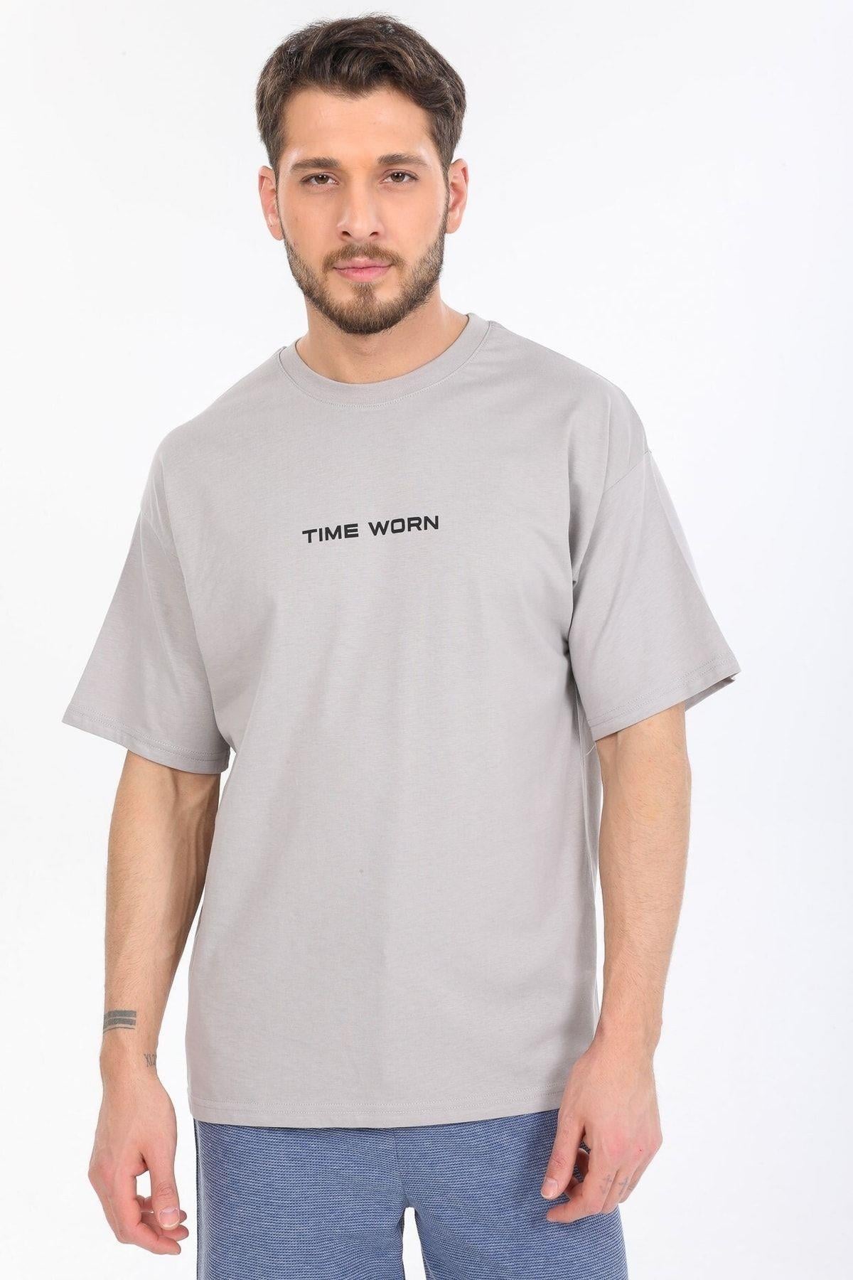 Time Worn Yazılı Gri T-shirt