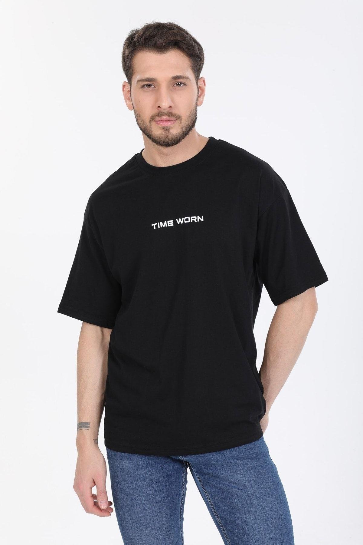 Time Worn Yazılı Siyah T-shirt