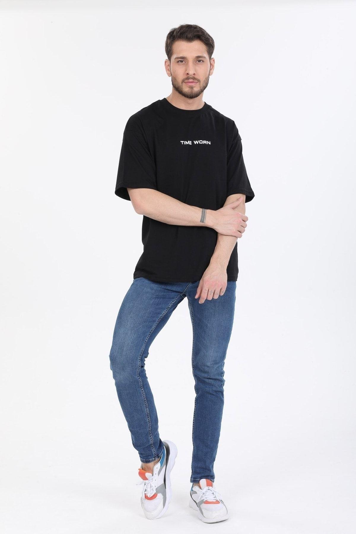 Time Worn Yazılı Siyah T-shirt